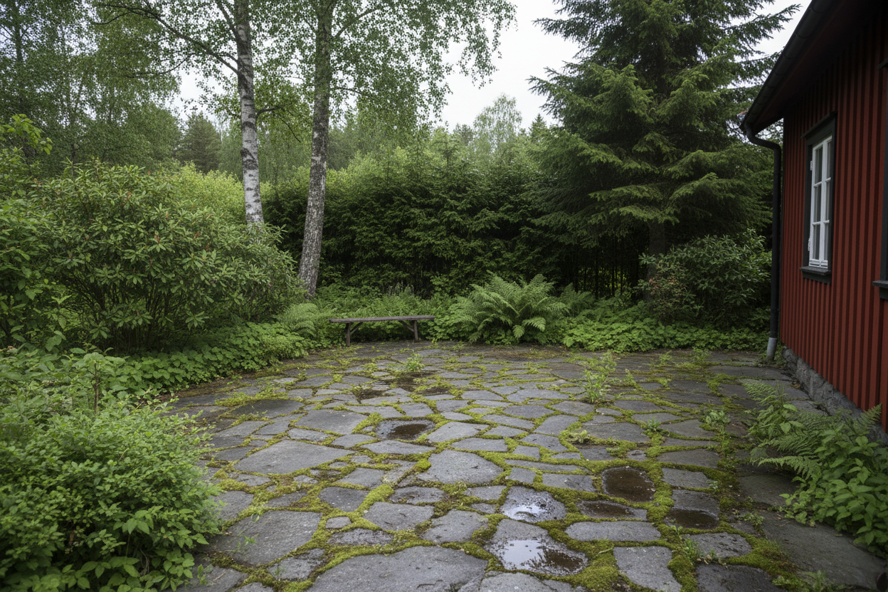 Grønske og mose på belegningsstein er vanlig i norske hager