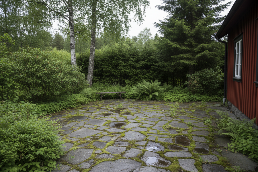 Grønske og mose på belegningsstein er vanlig i norske hager