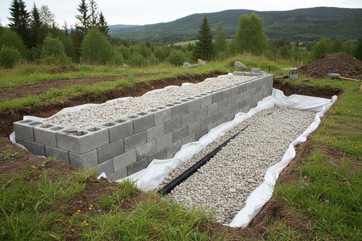 Snitt av støttemur med drenerende masser, fiberduk og drensrør bak muren.