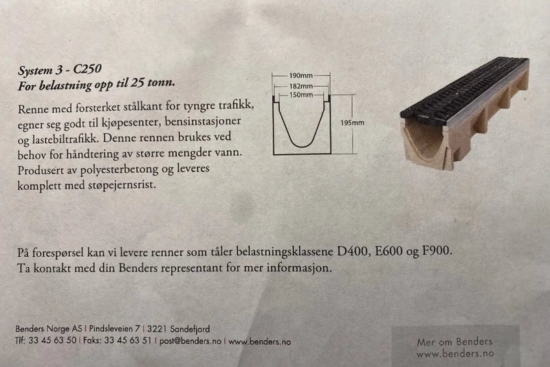 Stora Drain C250 Drensrenne M. Støpejernrist 100cm. - Drenering - Benders